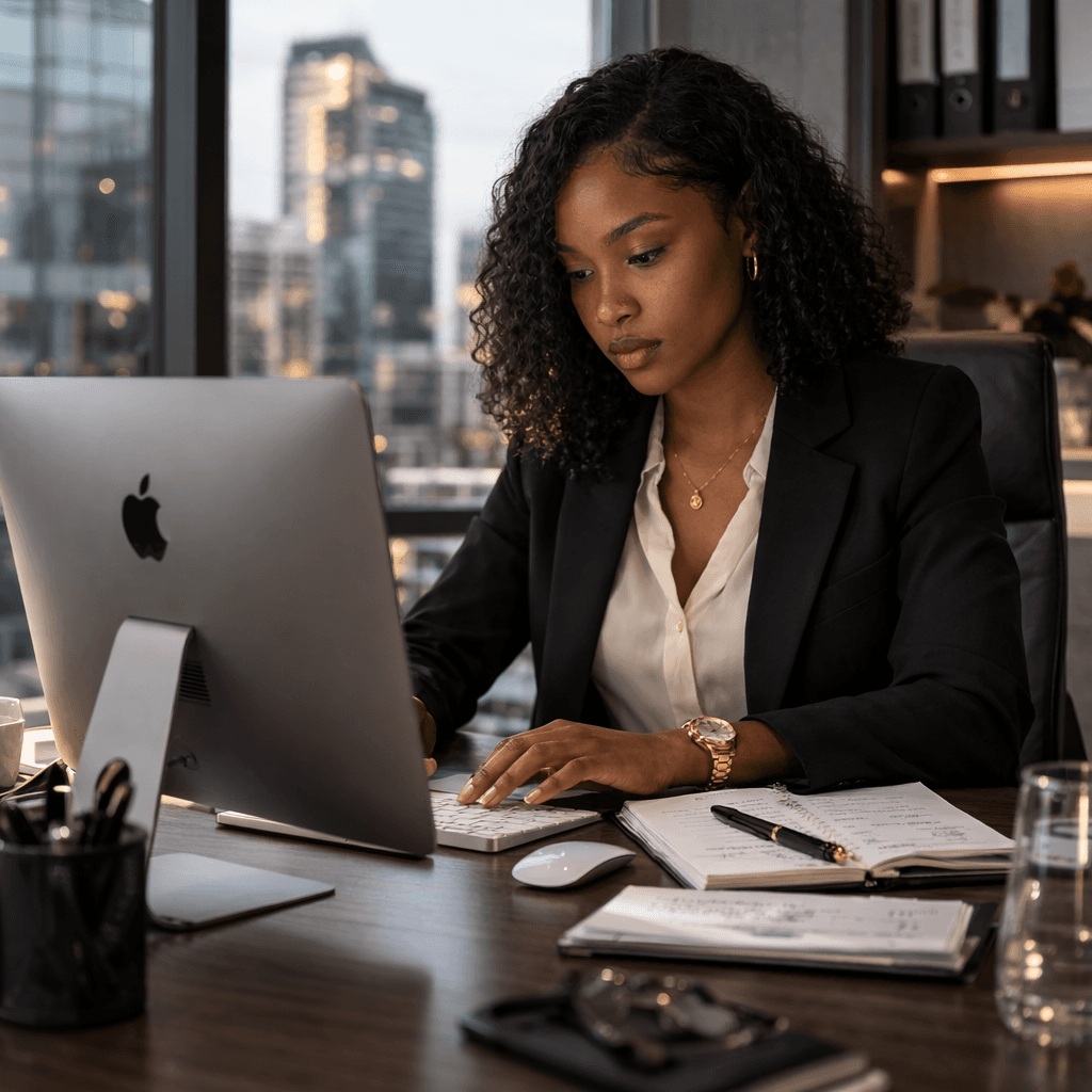 Legal professional focused on contract work at a desk